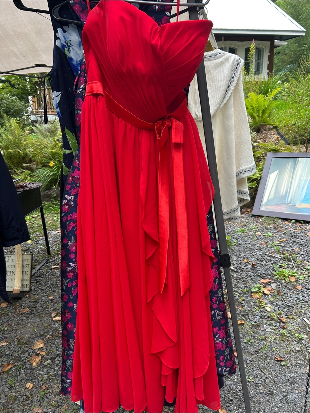 Strapless Red Evening Gown with Sash Tie